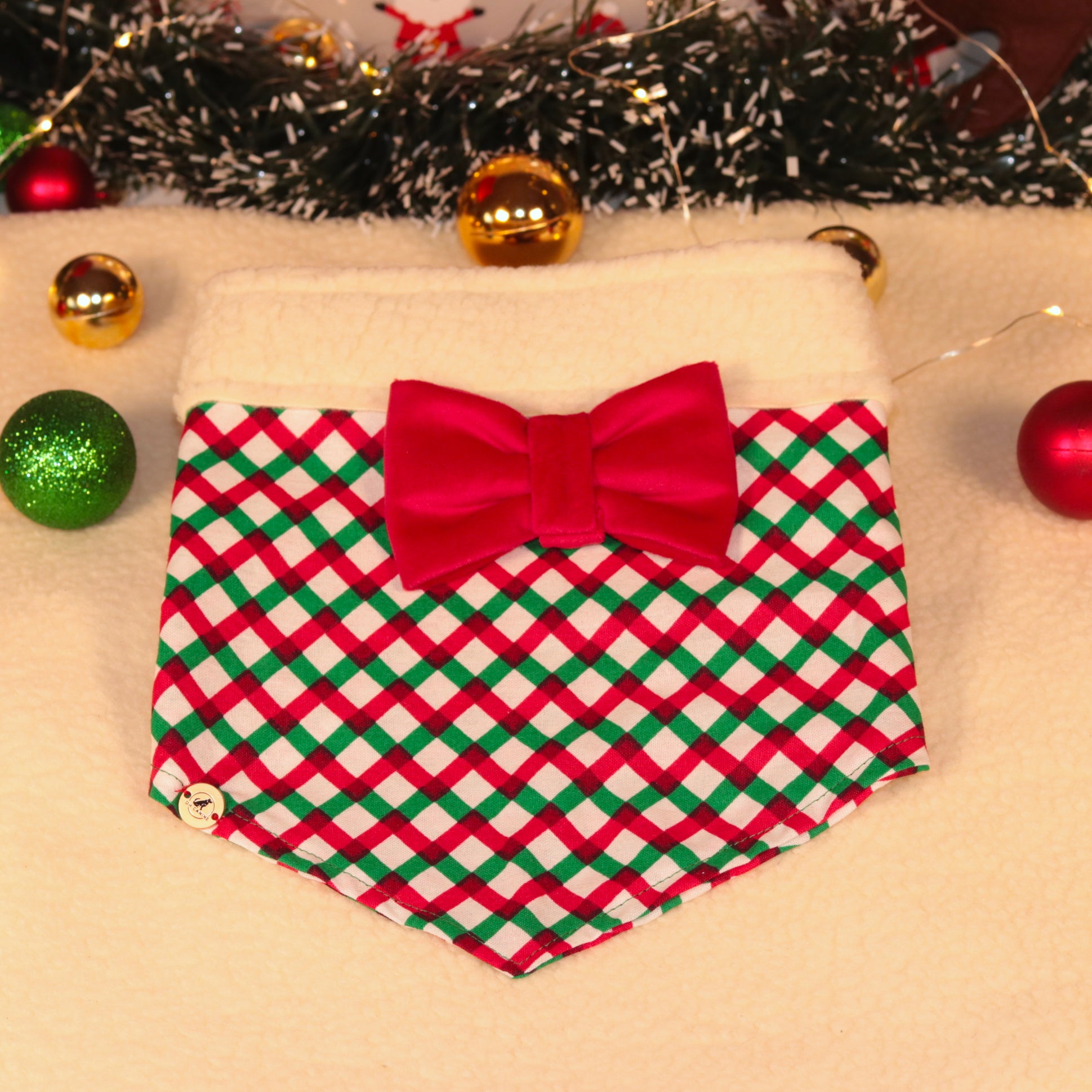 Candy Cane Plaid with Bow Dog Designer Bandanna