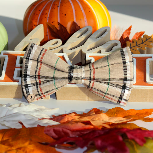 Classic Beige Plaid Dog Collar Bowtie