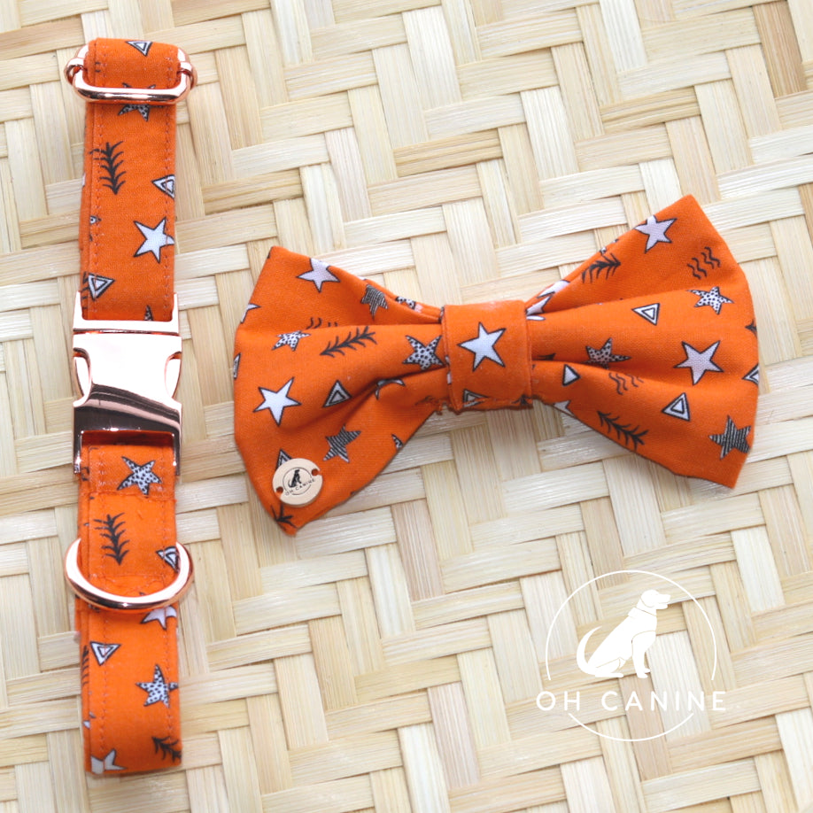 Orange Starlight  Handmade Collar and bow set for dogs